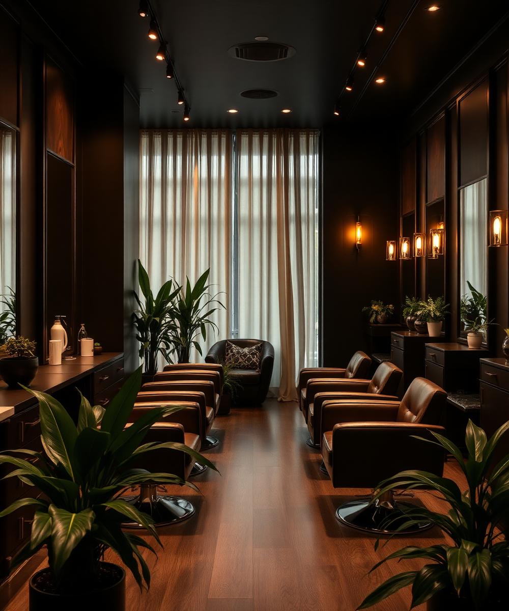 Ambiente do salão com cadeiras confortáveis e decoração elegante