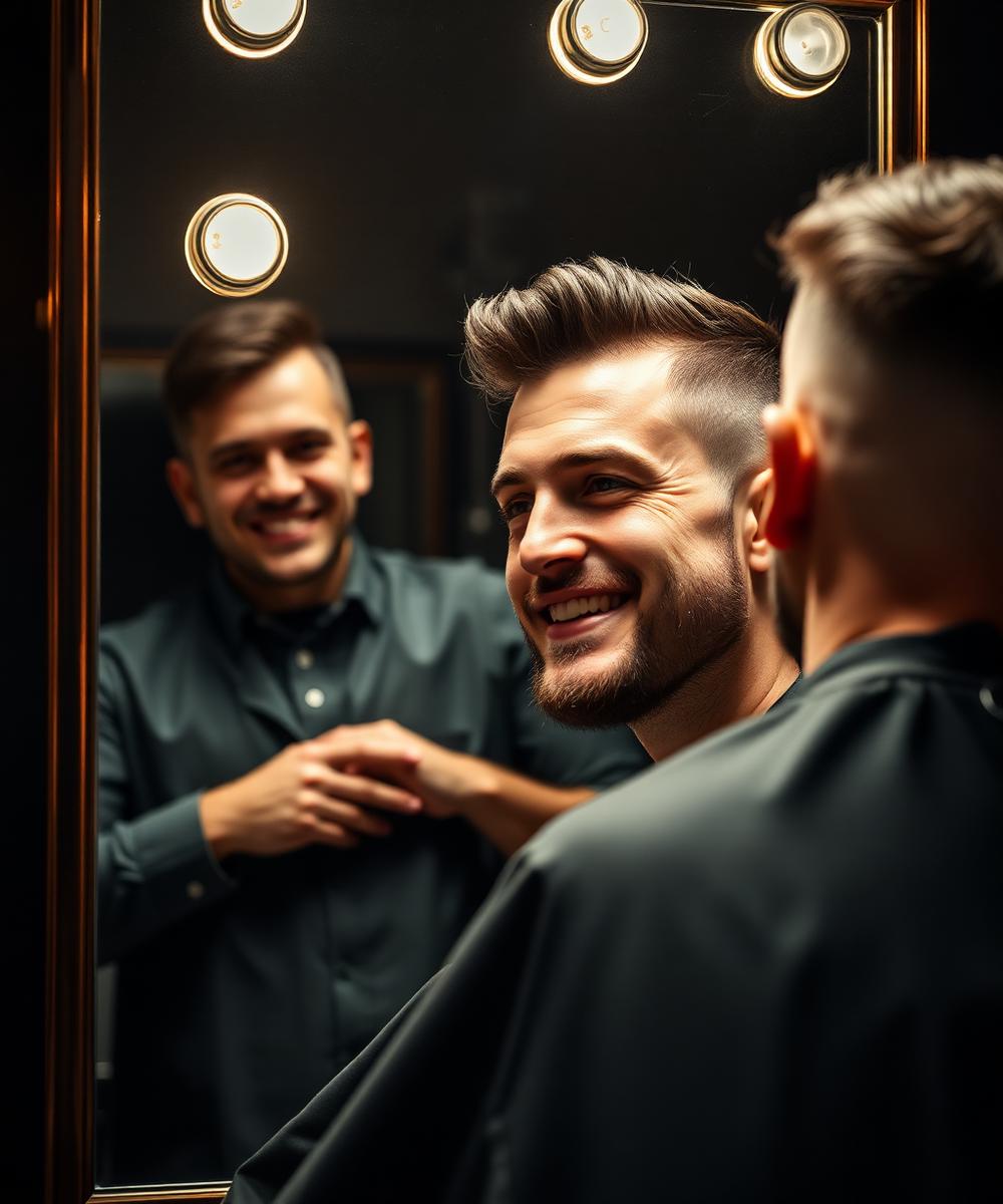 Cliente satisfeito conferindo o resultado no espelho